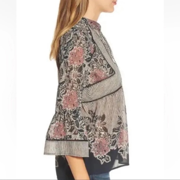 NWT Lucky Brand Blouse Mixed Print Blouse Boho 3/4th Bell Sleeve Floral Striped - Picture 2 of 10
